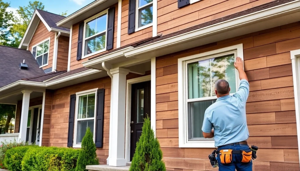 Siding contractor installing durable vinyl siding on a house exterior, showcasing quality craftsmanship and materials.