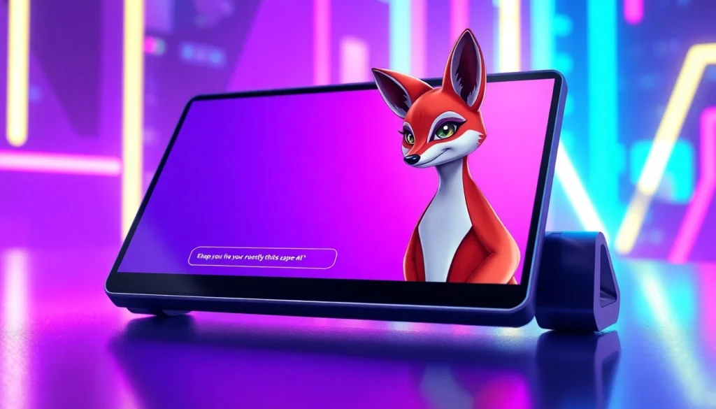 A futuristic AI chat interface featuring a seductive fox character with neon lighting and realistic textures.