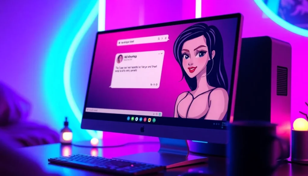 A digital illustration of an adult-themed AI chat interface featuring a stylized female character in a neon-lit setting.
