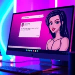 A digital illustration of an adult-themed AI chat interface featuring a stylized female character in a neon-lit setting.