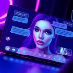 Futuristic digital scene showing an adult AI chat interface with a seductive female character and visual responses in a neon-lit environment.