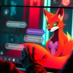 A digital illustration of an AI chat scene with a fox lady character engaging in an intimate conversation on a futuristic screen.