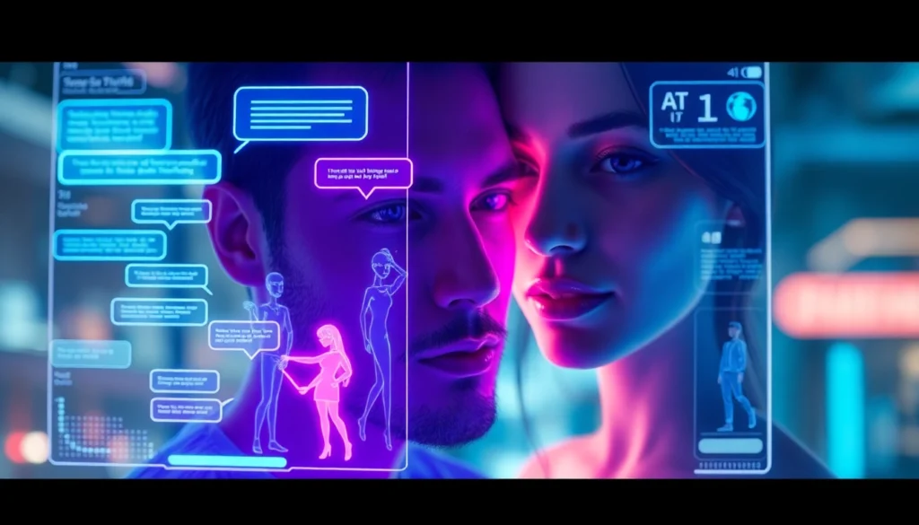 An illustration of a user interacting with a holographic AI interface featuring colorful, glowing visuals of digital characters in a high-tech environment.