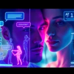 An illustration of a user interacting with a holographic AI interface featuring colorful, glowing visuals of digital characters in a high-tech environment.