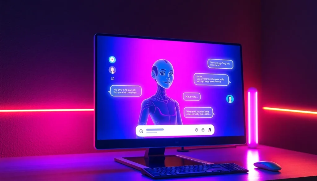 Futuristic AI chat interface with holographic visuals and an engaging AI character in a dimly lit room
