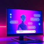Futuristic AI chat interface with holographic visuals and an engaging AI character in a dimly lit room