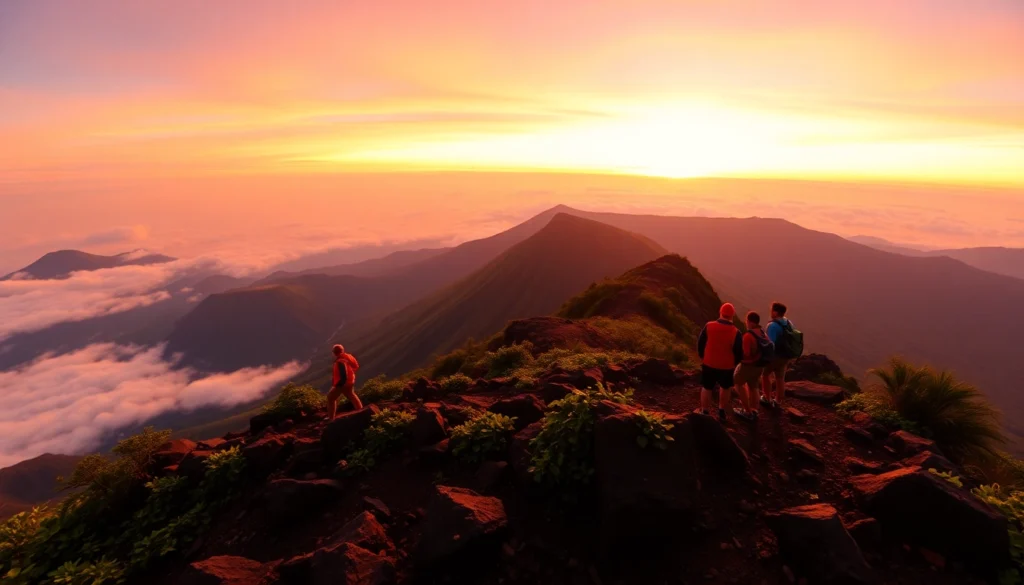 Hikers at sunrise on Mount Rinjani's crater rim with vibrant colors and rugged terrain.