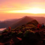 Hikers at sunrise on Mount Rinjani's crater rim with vibrant colors and rugged terrain.