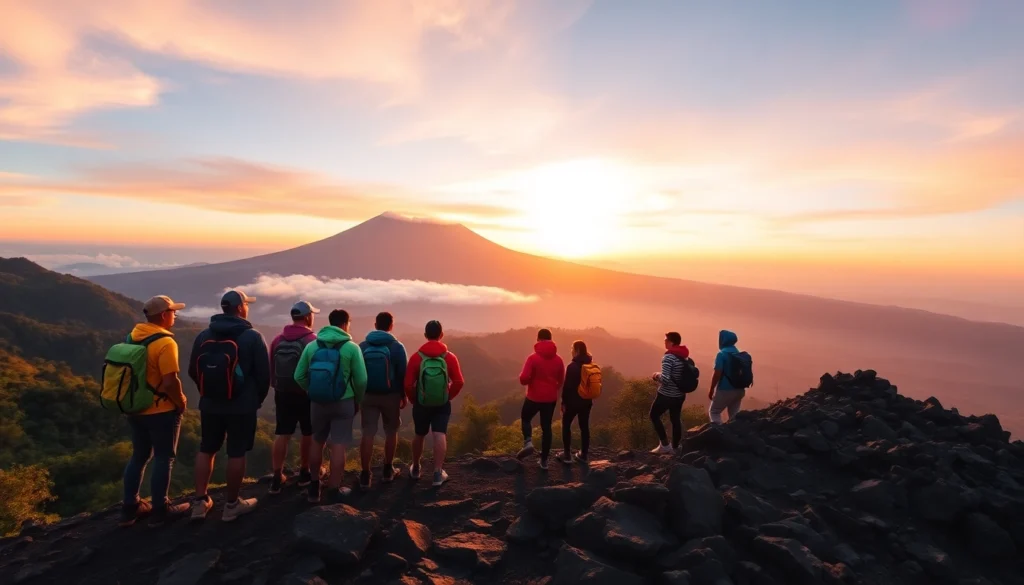 Hikers overlooking Mount Rinjani at sunrise with vibrant colors and rugged landscape.