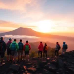 Hikers overlooking Mount Rinjani at sunrise with vibrant colors and rugged landscape.