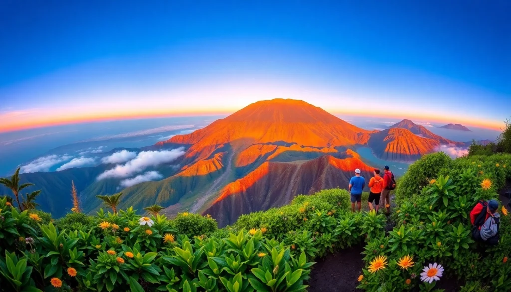 Hikers overlooking Mount Rinjani at sunrise from the crater rim, surrounded by lush greenery and volcanic landscape.