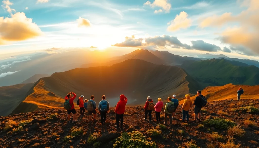 Hikers at Mount Rinjani summit during sunrise with lush landscape and vibrant sky