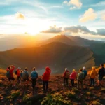 Hikers at Mount Rinjani summit during sunrise with lush landscape and vibrant sky