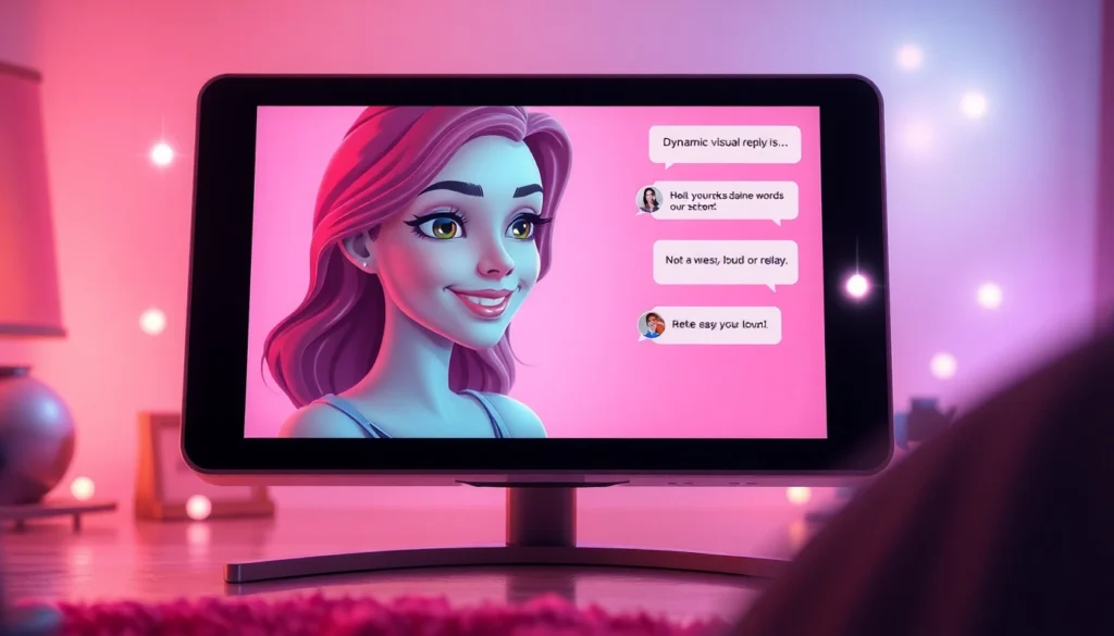 Futuristic AI chat interface with a playful, expressive avatar and dynamic visual replies in a cozy, glowing environment.
