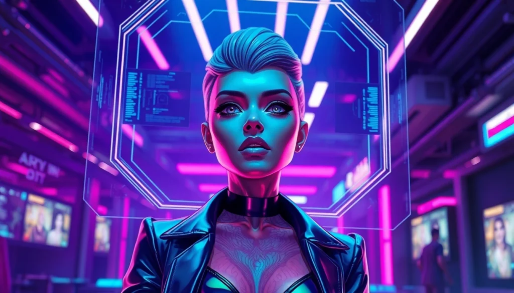 Futuristic AI character in a cyberpunk environment with neon lighting and high-tech holographic interface.