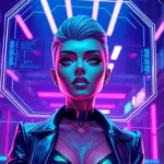 Futuristic AI character in a cyberpunk environment with neon lighting and high-tech holographic interface.