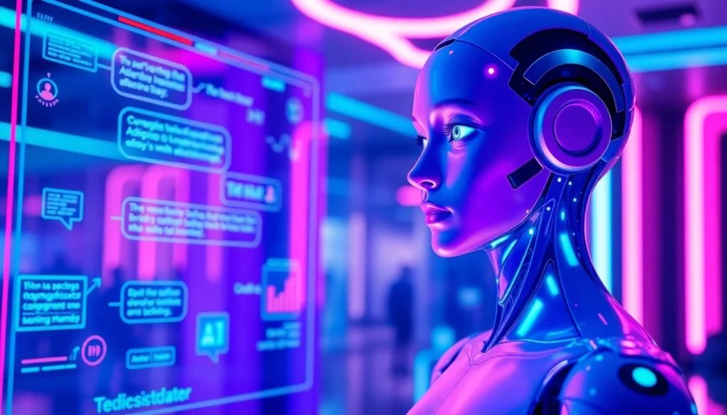 Futuristic digital scene showing AI conversation with glowing interface and an expressive virtual character.