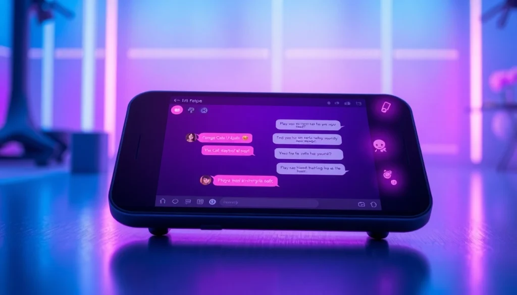 Futuristic digital chat interface on a modern device with neon lighting and holographic elements, representing AI adult chat technology.