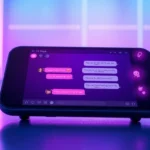 Futuristic digital chat interface on a modern device with neon lighting and holographic elements, representing AI adult chat technology.