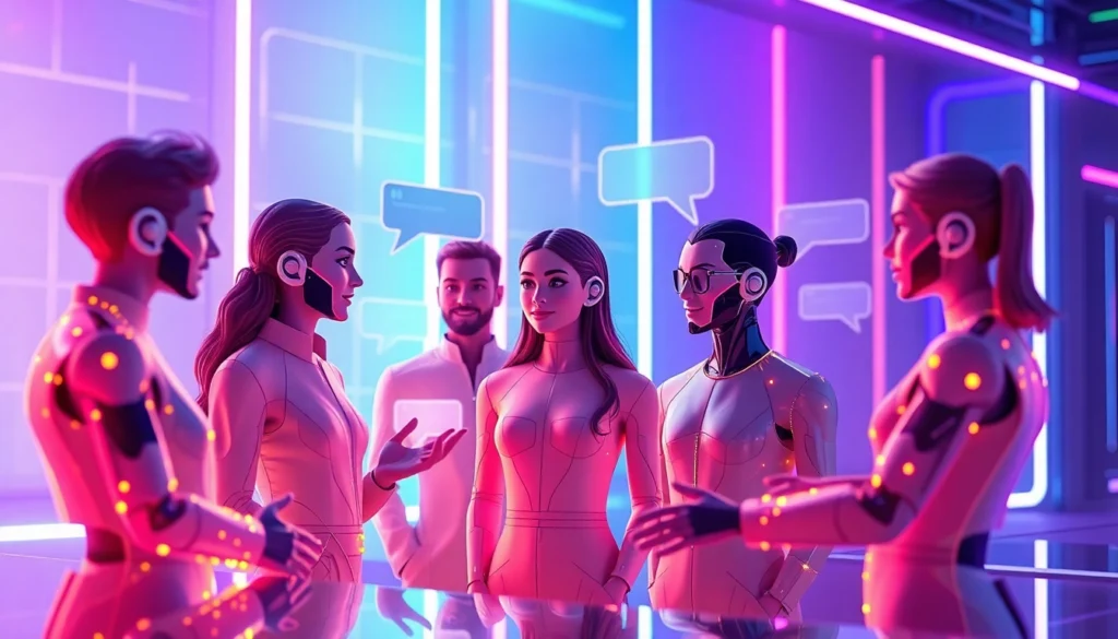 Digital illustration of diverse AI characters engaging in chat within a neon-lit, futuristic environment.