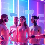 Digital illustration of diverse AI characters engaging in chat within a neon-lit, futuristic environment.