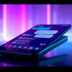 Futuristic chat interface on a smartphone with vibrant neon colors and animated conversation bubbles.
