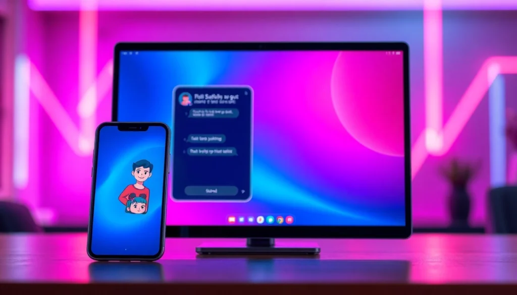 An illustration of a modern digital chat interface on a smartphone and desktop, featuring colorful AI characters and a vibrant conversation window with a futuristic aesthetic.