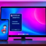 An illustration of a modern digital chat interface on a smartphone and desktop, featuring colorful AI characters and a vibrant conversation window with a futuristic aesthetic.