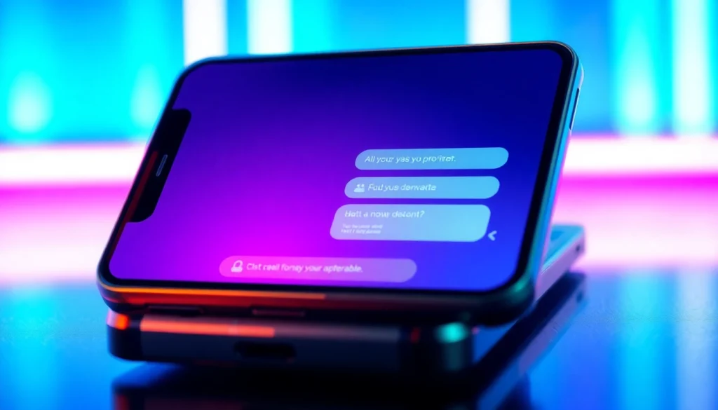 Close-up of a smartphone displaying an AI chatbot conversation with a digital avatar, glowing neon background.