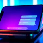 Close-up of a smartphone displaying an AI chatbot conversation with a digital avatar, glowing neon background.