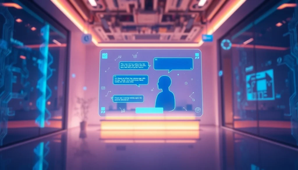Futuristic digital chat environment with holographic interface and glowing AI conversation bubbles.