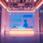 Futuristic digital chat environment with holographic interface and glowing AI conversation bubbles.