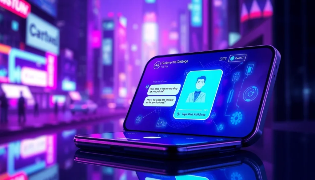 Futuristic AI chatbot interface on a smartphone with neon cityscape background