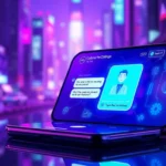 Futuristic AI chatbot interface on a smartphone with neon cityscape background