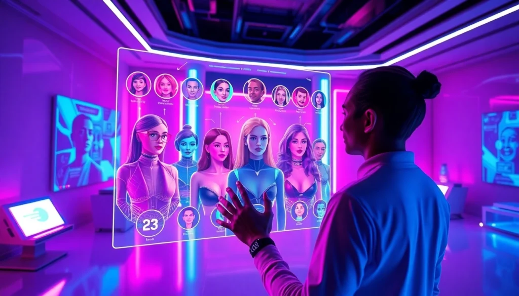 Futuristic digital interface with customizable AI characters, vibrant neon lighting, and immersive tech environment.