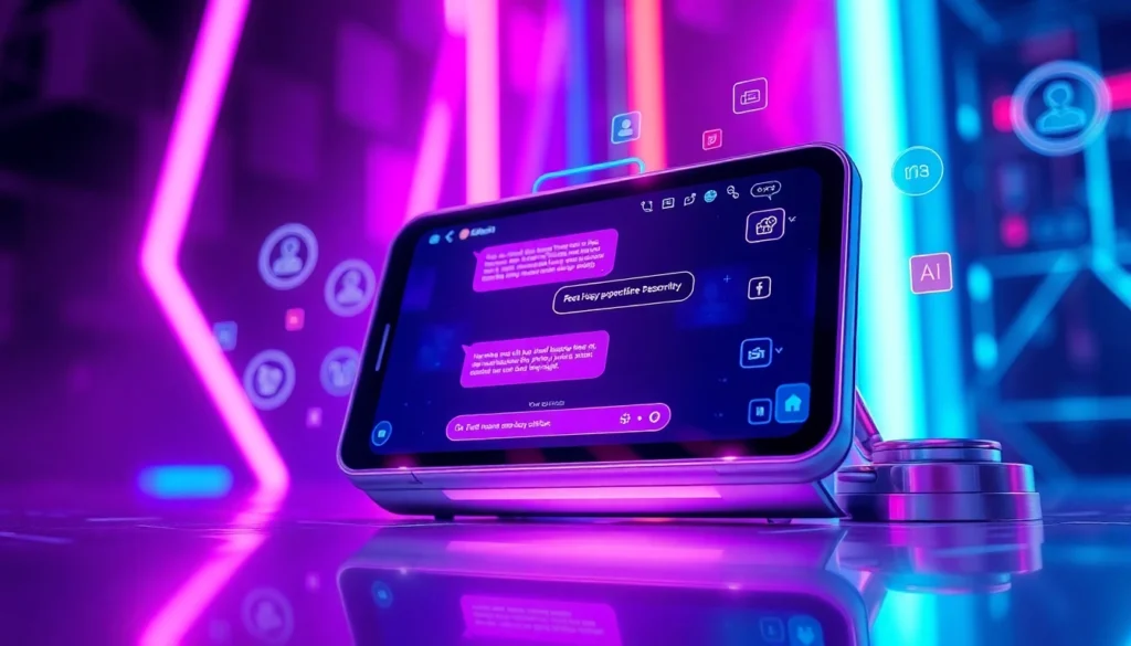 Futuristic AI chat interface on a sleek device with neon cyberpunk background and holographic elements.