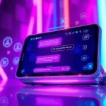 Futuristic AI chat interface on a sleek device with neon cyberpunk background and holographic elements.