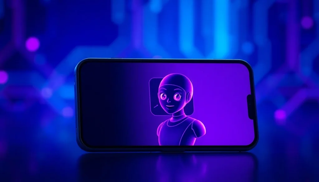 Futuristic smartphone displaying an AI chat conversation with a playful, attractive AI character in a sleek, high-tech setting.