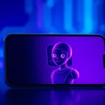 Futuristic smartphone displaying an AI chat conversation with a playful, attractive AI character in a sleek, high-tech setting.