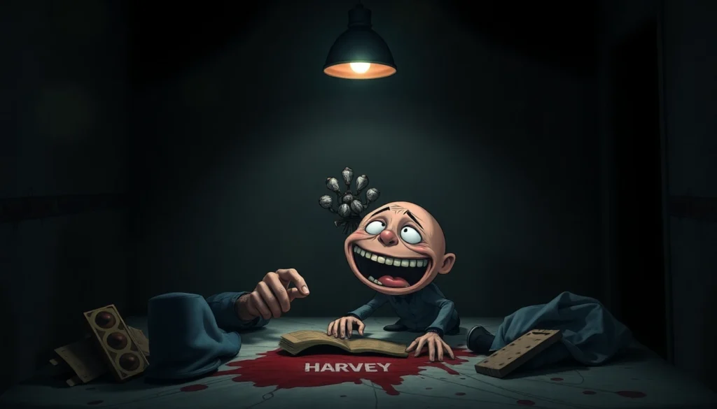 A disturbing scene showing a man clicking on a cheerful character named Harvey, who appears increasingly pained, in a dark, oppressive room, emphasizing moral conflict and psychological horror.