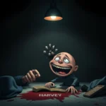 A disturbing scene showing a man clicking on a cheerful character named Harvey, who appears increasingly pained, in a dark, oppressive room, emphasizing moral conflict and psychological horror.