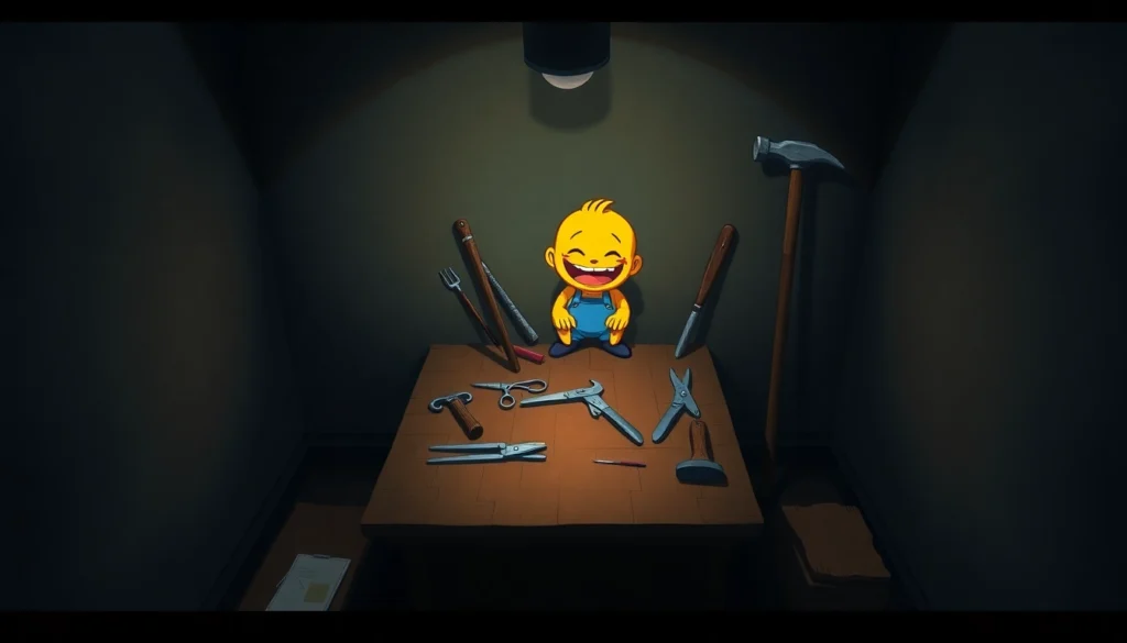 An unsettling scene of Harvey, a cheerful cartoon character, surrounded by violent tools in a dark room, emphasizing contrast and moral tension.