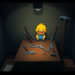 An unsettling scene of Harvey, a cheerful cartoon character, surrounded by violent tools in a dark room, emphasizing contrast and moral tension.