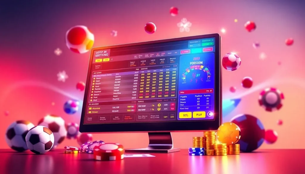 Digital illustration of an online sportsbook and casino platform with vibrant colors and dynamic elements.