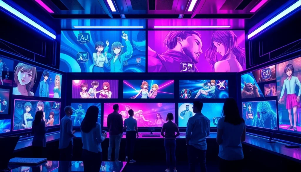 Futuristic control room with users interacting with vibrant, customizable AI-generated adult images and videos on digital screens.