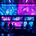 Futuristic control room with users interacting with vibrant, customizable AI-generated adult images and videos on digital screens.