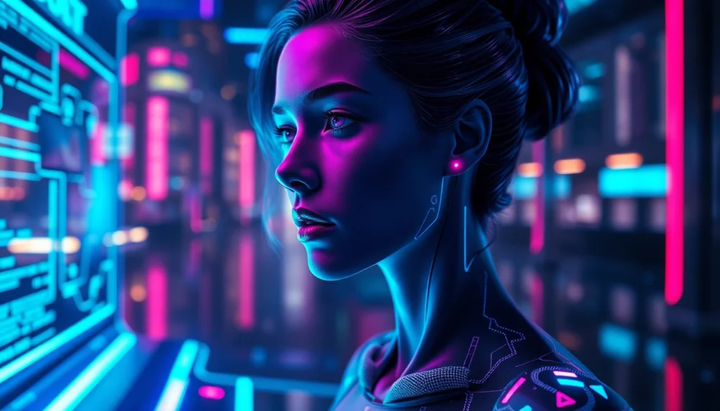 Futuristic AI-generated adult virtual environment with holographic elements and hyper-realistic female figure