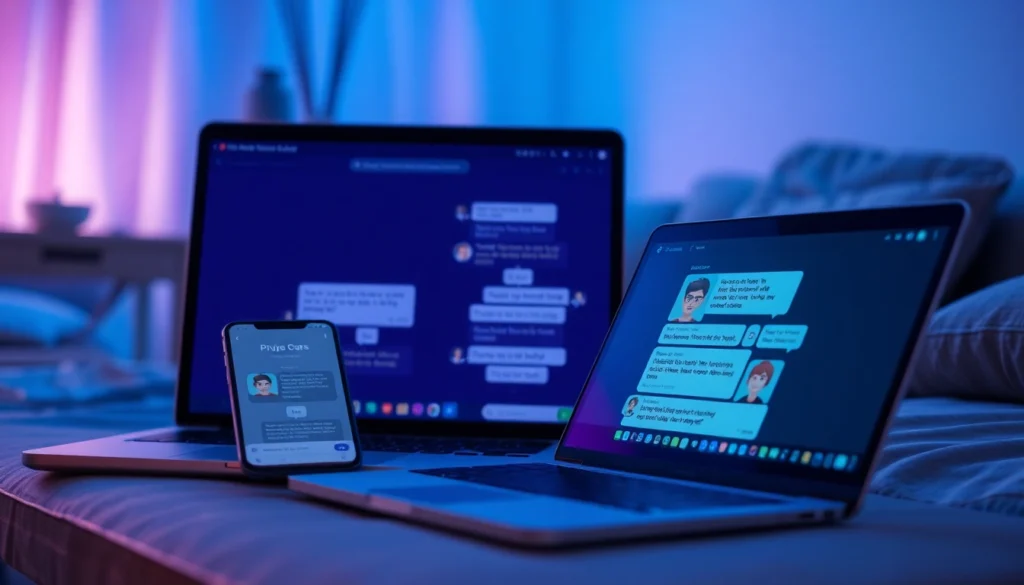 A modern digital scene with smartphones and laptops displaying AI chat conversations in a cozy, private setting.