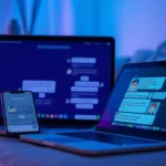 A modern digital scene with smartphones and laptops displaying AI chat conversations in a cozy, private setting.