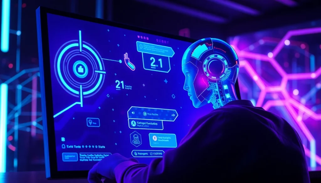 Close-up of a futuristic digital chatbot interface with neon lights and digital patterns in a dark environment.